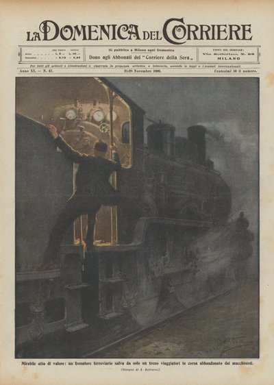 Um ato maravilhoso de valor, um guarda-freio ferroviário salva um trem de passageiros viajando sozinho de Achille Beltrame