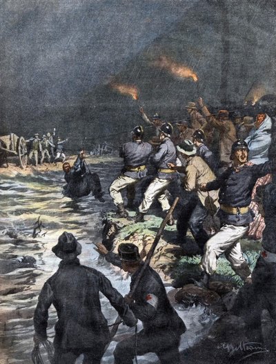 Milagroso resgate de carroceiros bloqueados numa ilha no rio Serio, perto de Bergamo - Ilustração de Beltrame em "La Domenica del Corriere" 10/1909 de Achille Beltrame