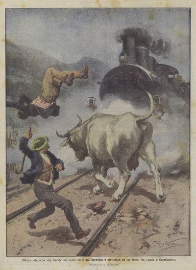 Uma vaca raivosa que mata um homem e depois é atingida e esmagada por um trem entre Lucca e Castelnuovo de Achille Beltrame