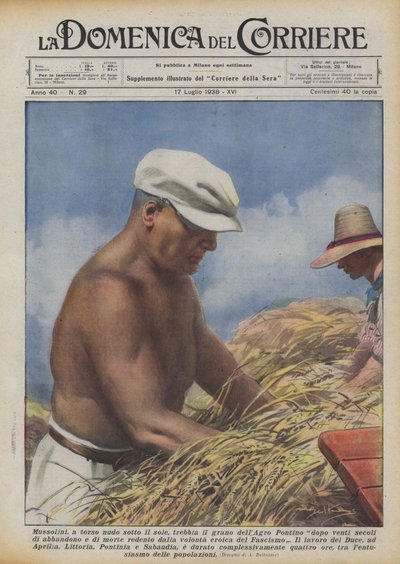 Mussolini, de peito nu sob o sol, debulha os grãos de Agro Pontino depois de vinte séculos de Achille Beltrame