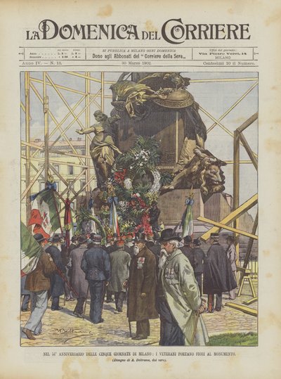 No 54º aniversário dos cinco dias de Milão, os veteranos trazem flores para o monumento de Achille Beltrame