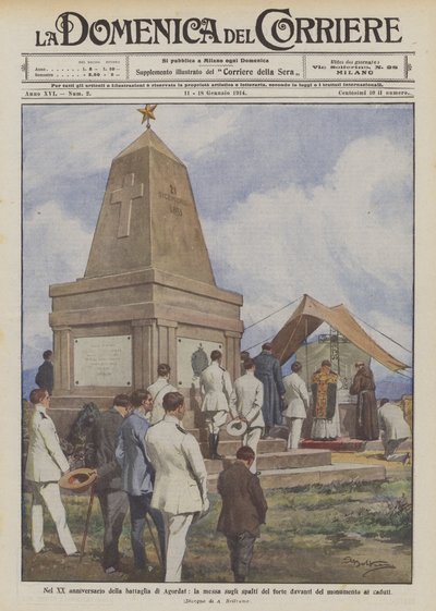 No vigésimo aniversário da Batalha de Agordat, a massa nos terraços do forte antes do monumento ao caído de Achille Beltrame