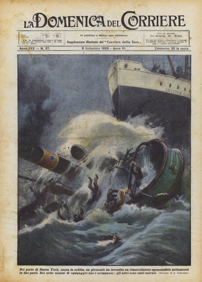 No porto de Nova York, devido ao nevoeiro, um vapor atingiu um rebocador quebrando-o de Achille Beltrame