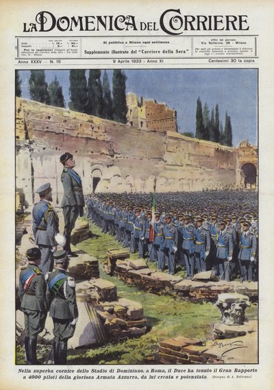 No cenário soberbo do Estádio de Domiciano, em Roma, o Duce realizou o Grand Ratio em 4000 de Achille Beltrame