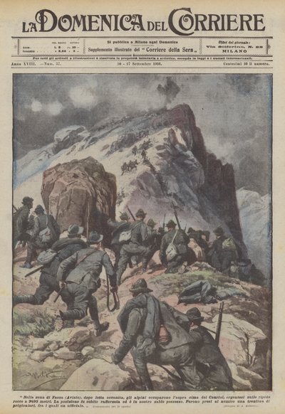Na área de Fassa (Avisio), após combates ferozes, os Alpini ocuparam o pico superior do Cauriol de Achille Beltrame