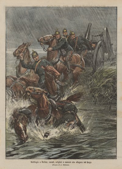 Tempestade em Berlim, cavalos, artilheiros e canhões se afogando na lama de Achille Beltrame