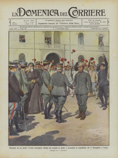 Honras a um bravo beroagero Benero com sua mãe ao lado dele e apresentado aos seus colegas soldados de Achille Beltrame
