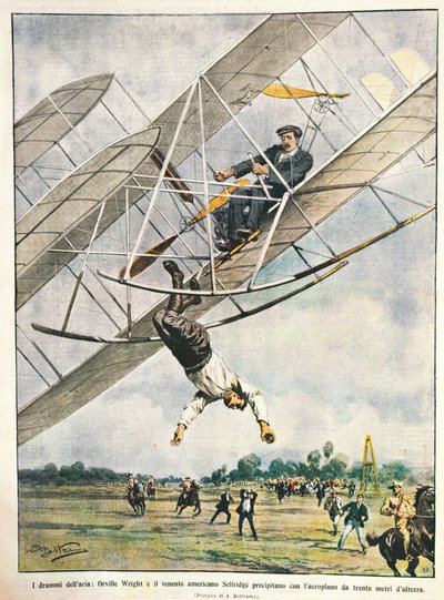 Orville Wright e o Tenente Seliridge mergulhando com biplano de trinta metros, Estados Unidos da América, ilustração de Achille Beltrame de La Domenica del Corriere, 11 de outubro de Achille Beltrame
