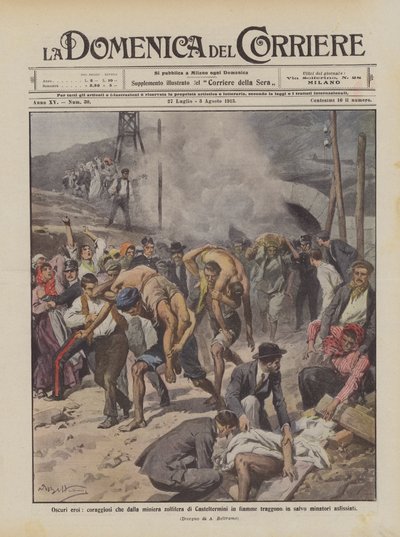 Heróis das trevas, bravos que da mina sulfúrica de Casteltermini em chamas chegam à segurança de Achille Beltrame