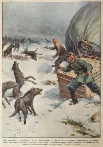 Pacotes de lobos atacando a tripulação de um balão de ar quente russo em terra, ilustração de 