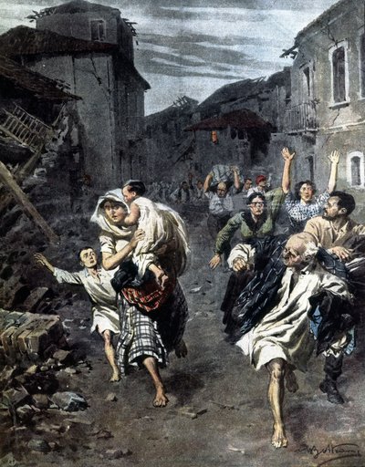 O pânico em Reggio Calabria após o terramoto de 1908. Ilustração de Beltrame. 1908 de Achille Beltrame