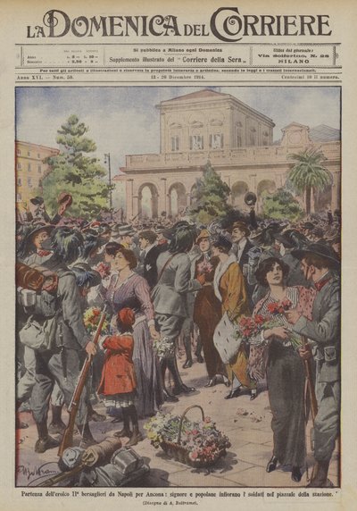 Partida do heróico ll bersaglieri de Nápoles para Ancona, senhoras e plebeus florescem soldados de Achille Beltrame
