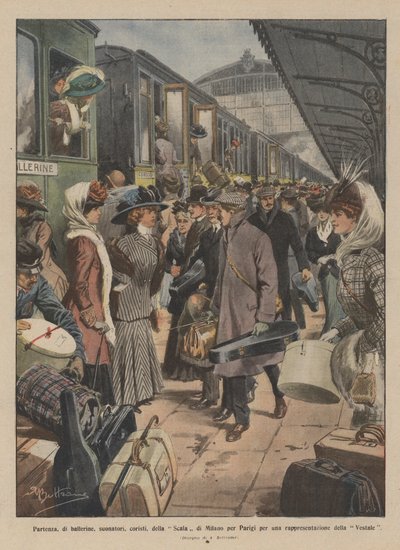 Partida, de dançarinos, jogadores, cantores, da Scala de Milão para Paris para uma representação da Vestal de Achille Beltrame