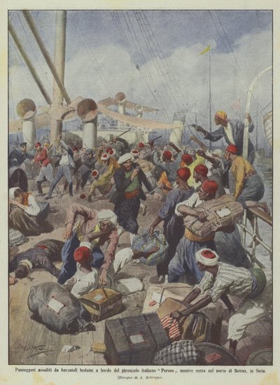Passageiros atacados por barqueiros beduínos a bordo do navio a vapor Perseus italiano quando entram no navio de Achille Beltrame