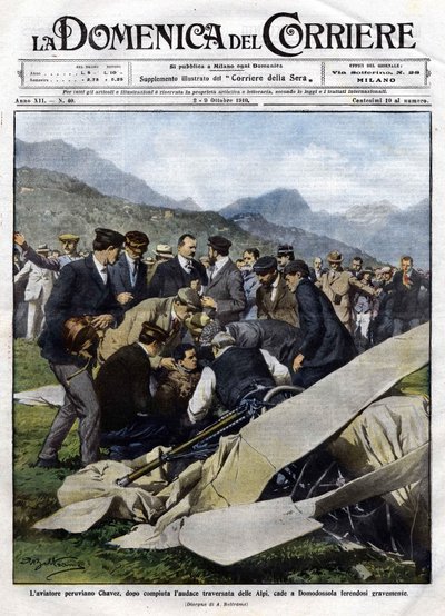 O aviador peruano Chavez, após sua ousada travessia dos Alpes, caiu em Domodossola com sérios ferimentos. Ilustração de Beltrame. 2/10/1910. La Domenica del Corriere. de Achille Beltrame