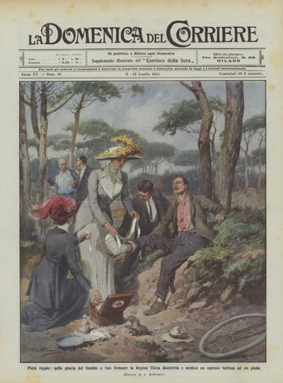 Pieta regale, no pinhal de Gombo em San Rossore, a Rainha Elena desinfeta e conserta um trabalhador de Achille Beltrame