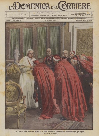 Pio X recebe na biblioteca privada e de forma familiar o Sagrado Colégio dos Cardeais para seus melhores desejos de Achille Beltrame