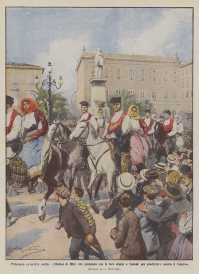 Passeio pitoresco da Sardenha, cidadãos de Ittiri que vêm com suas mulheres para Sassari para de Achille Beltrame