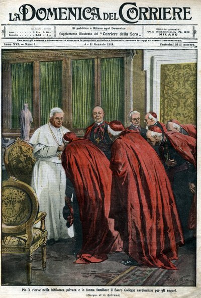 O Papa Pio X recebe os cardeais na sua biblioteca para o desejo de Ano Novo. Capa da Domenica del Corriere de 4 de janeiro de Achille Beltrame