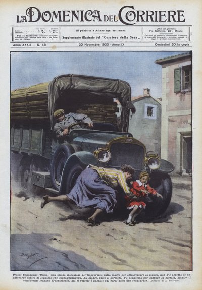 Em Genazzano (Roma), uma criança de repente se separou de sua mãe para atravessar de Achille Beltrame