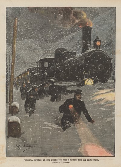 Primavera inverno, um trem bloqueado pela neve no Piemonte na noite de 23 de março de Achille Beltrame