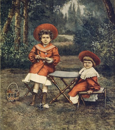 As princesas Jolanda e Mafalda, filhas do rei, nos jardins do Quirinale, de Achille Beltrame (1871-1945), de La Domenica del Corriere de Achille Beltrame