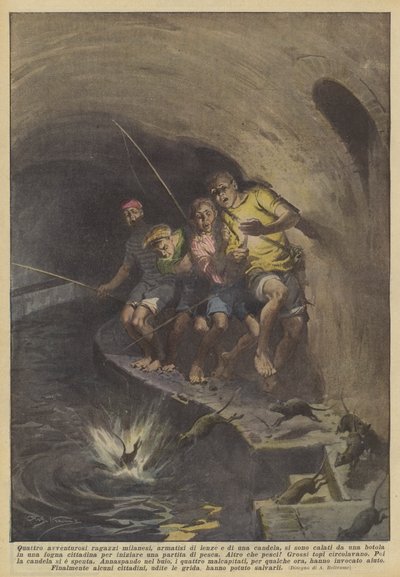 Quatro rapazes milaneses aventureiros, armados com linhas e uma vela, caíram de um de Achille Beltrame