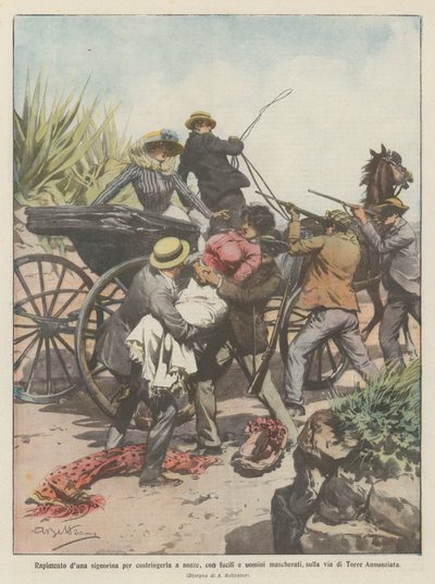 Arrebatamento duna senhora para forçá-la a casamento, com rifles e homens mascarados, a caminho de Torre Annunziata de Achille Beltrame