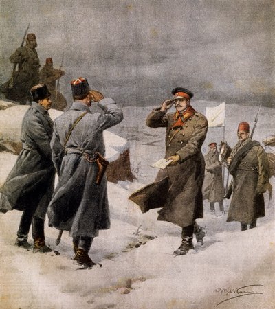 Retomada da guerra, parlamentar turco chegando ao acampamento búlgaro com mensagem anunciando o fim do armistício, Por Achille Beltrame (1871-1945), ilustração de La Domenica del Corriere, 9 de fevereiro de Achille Beltrame