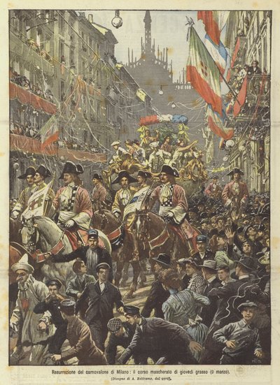 Ressurreição do carnovalone de Milão, o curso mascarado de gordura de quinta-feira (9 de março) de Achille Beltrame
