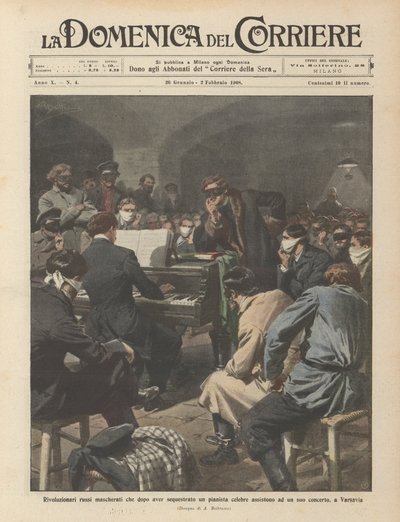 Revolucionários russos mascarados que, depois de se apoderar de um célebre pianista, ajudam um dos seus de Achille Beltrame