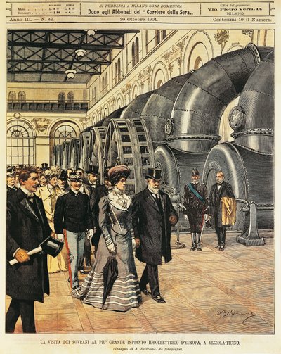 Royals visita a maior central hidroeléctrica da Europa em Vizzola Ticino (Itália), por Achille Beltrame (1871-1945), de La Domenica del Corriere, 20 de Outubro de 1901 de Achille Beltrame