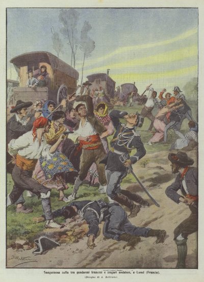 Combate sangrento entre gendarmes franceses e ciganos andaluzes, em Lunel (França) de Achille Beltrame