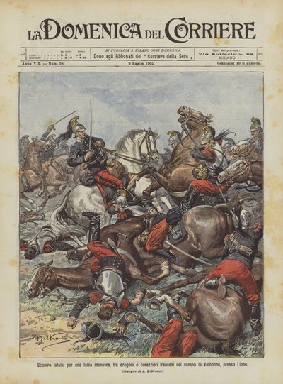 Um choque fatal, devido a uma falsa manobra, entre dragões franceses e couraçados no campo de Valbonne, perto de Lyon de Achille Beltrame