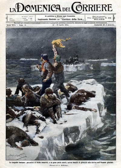 Os pescadores de focas, alguns dos quais morreram, permaneceram encalhados no oceano à deriva do gelo. Ill. de Beltrame. "La Domenica del corriere". 12-19/04/1914. de Achille Beltrame