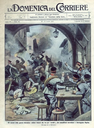 Segunda Guerra dos Balcãs (1913) entre a Bulgária e a Grécia e a Turquia: Soldados búlgaros ateiam fogo e destroem a Nigrita na Grécia. La Domenica del Corriere. 07/1913. Ilustração de Beltrame. de Achille Beltrame
