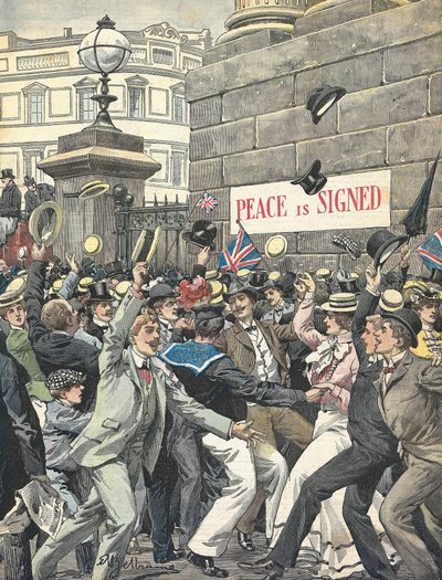 Segunda Guerra Bôer. Anúncio do fim da guerra nas ruas de Londres. Ilustração de Antonio Beltrame. "La Domenica del Corriere" de Achille Beltrame