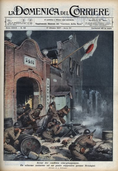 Segunda Guerra Sino-Japonesa (1937-1945): confrontos perto de Xangai. Ilustração de Achille Beltrame de "La domenica del corriere" de 17/10/1937. de Achille Beltrame