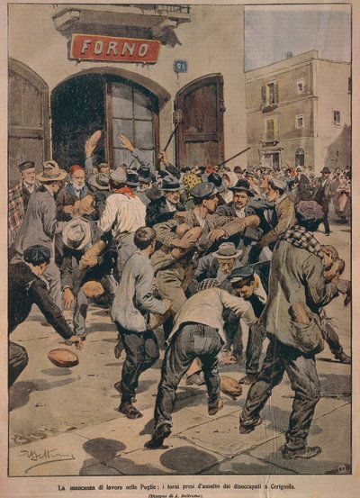Grave escassez de trabalho na Apúlia, Fornos sendo invadidos por desempregados de Cerignola, de Achille Beltrame, ilustração, Ilustrador Achille Beltrame (1871-1945), de La Domenica del Corriere, 20 de dezembro de 1908 de Achille Beltrame