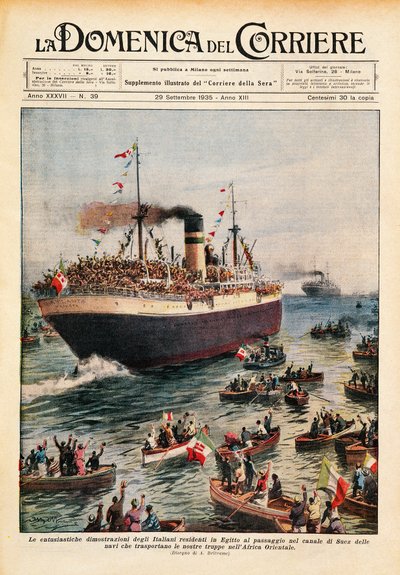 Navios transportando tropas italianas para a África Oriental atravessando o Canal do Suez, ilustração de La Domenica del Corriere, 20 de outubro de Achille Beltrame