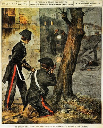 Evento mafioso siciliano, Luta entre carabinieri e mafiosos em Trapani, de Achille Beltrame, ilustração, Ilustrador Achille Beltrame (1871-1945), de La Domenica del Corriere, 31 de dezembro de 1899 de Achille Beltrame