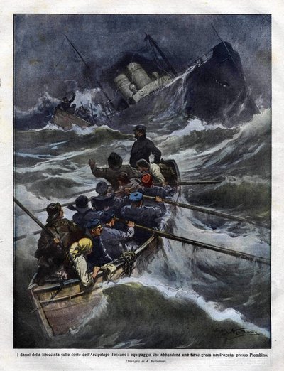 Afundamento de um barco italiano ao largo da Toscana em 1910. ilustração de Achilles Beltrame de Achille Beltrame