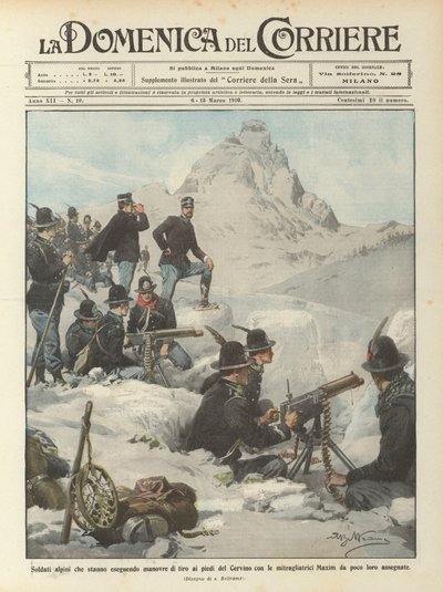 Soldados alpinos que estão realizando manobras de tiro ao pé do Matterhorn com metralhadoras de Achille Beltrame