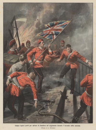 Soldados ingleses pereceram para salvar a bandeira do regimento durante o incêndio no quartel de Achille Beltrame