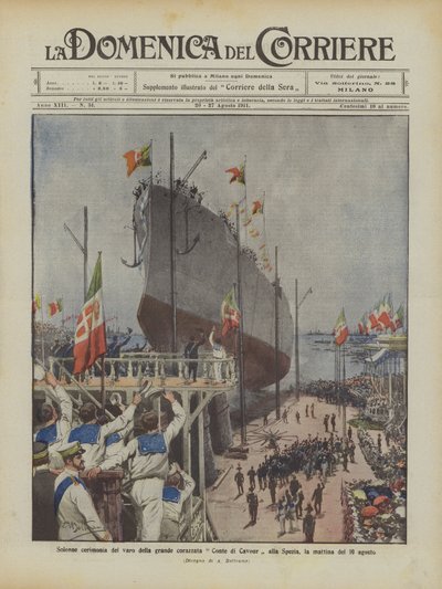 Cerimônia solene do lançamento do grande couraçado Conde de Cavour em La Spezia na manhã de 10 de agosto de Achille Beltrame