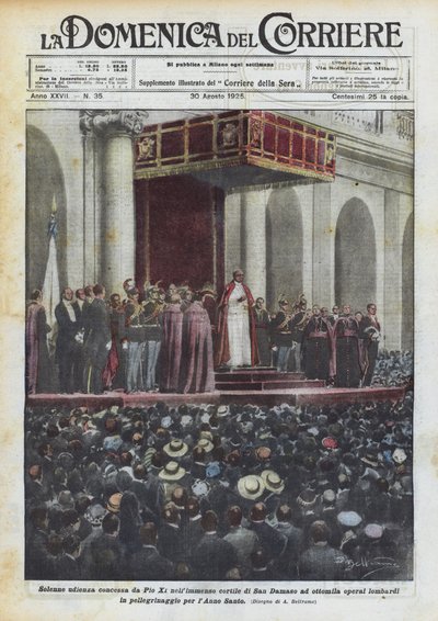 Audiência solene concedida por Pio XI no imenso pátio de San Damaso a oito mil trabalhadores lombardos de Achille Beltrame