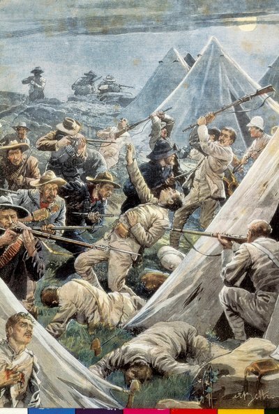 África do Sul. Segunda Guerra bôer. Ataque ao campo inglês de Tweefontein (1902). Ilustração de Achille Beltrame. Gravura. de Achille Beltrame