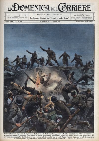 Guerra Civil Espanhola: Uma divisão de voluntários italianos foge do Exército Republicano Espanhol na região de Mérida, Espanha. Ilustração de Achille Beltrame em "La domenica del Corriere" de 11/07/1937. de Achille Beltrame