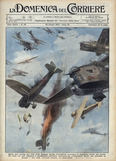 Guerra Civil Espanhola: Confrontos aéreos entre aviões republicanos e nacionalistas sobre a Espanha em guerra. Ilustração de Achille Beltrame em "La domenica del Corriere" de 20/06/1937. de Achille Beltrame