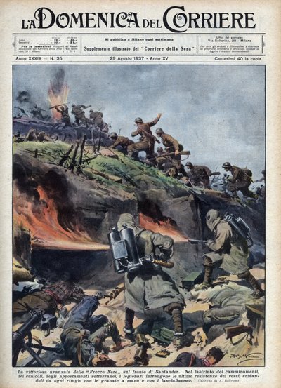 Guerra Civil Espanhola: Atacante das brigadas "Frecce nere" na frente de Santander. Ilustração de Achille Beltrame de "La domenica del corriere" de 29/08/1937. de Achille Beltrame